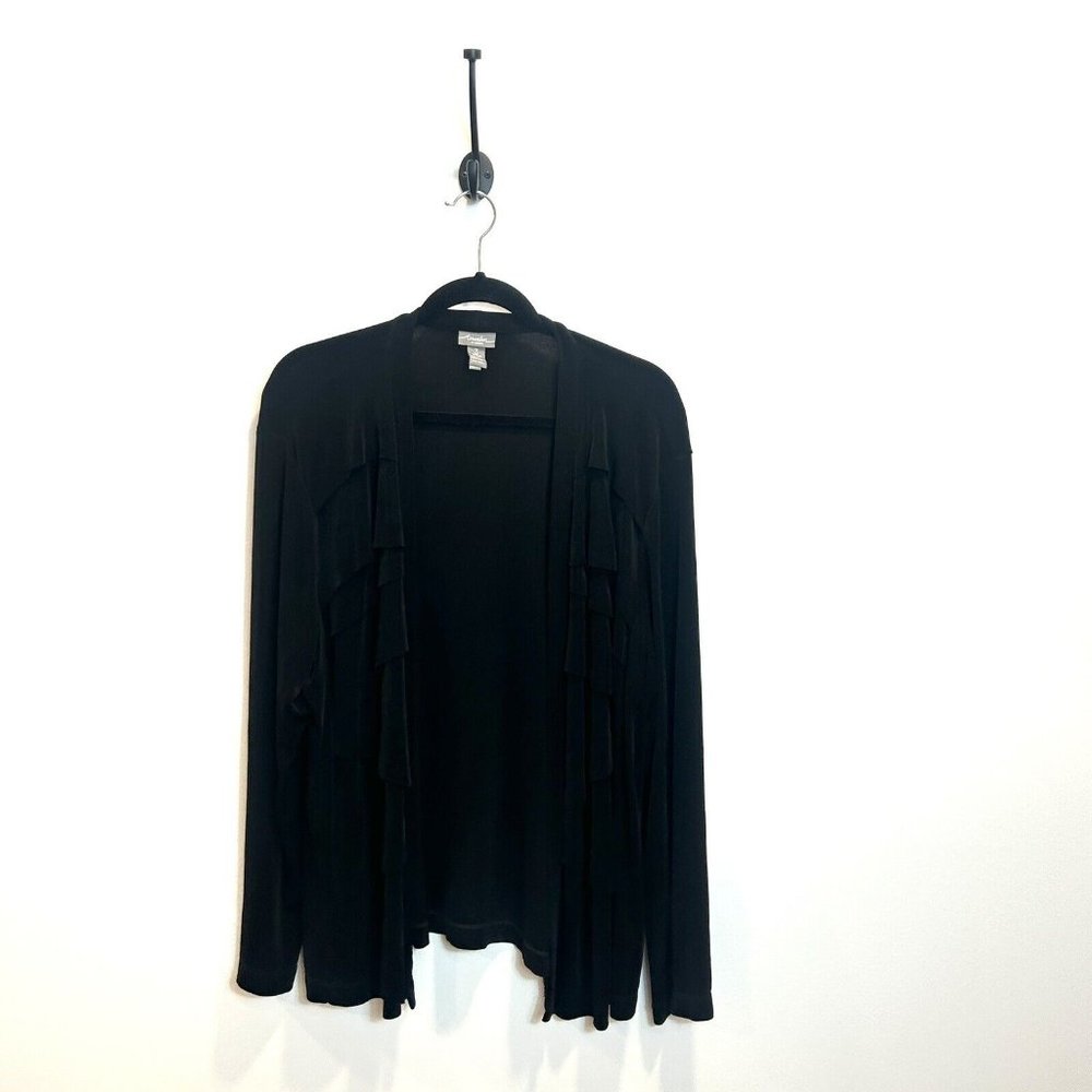 Chicos Travelers 3 XL Black Slinky Cardigan With Ruffled Detail Open Front